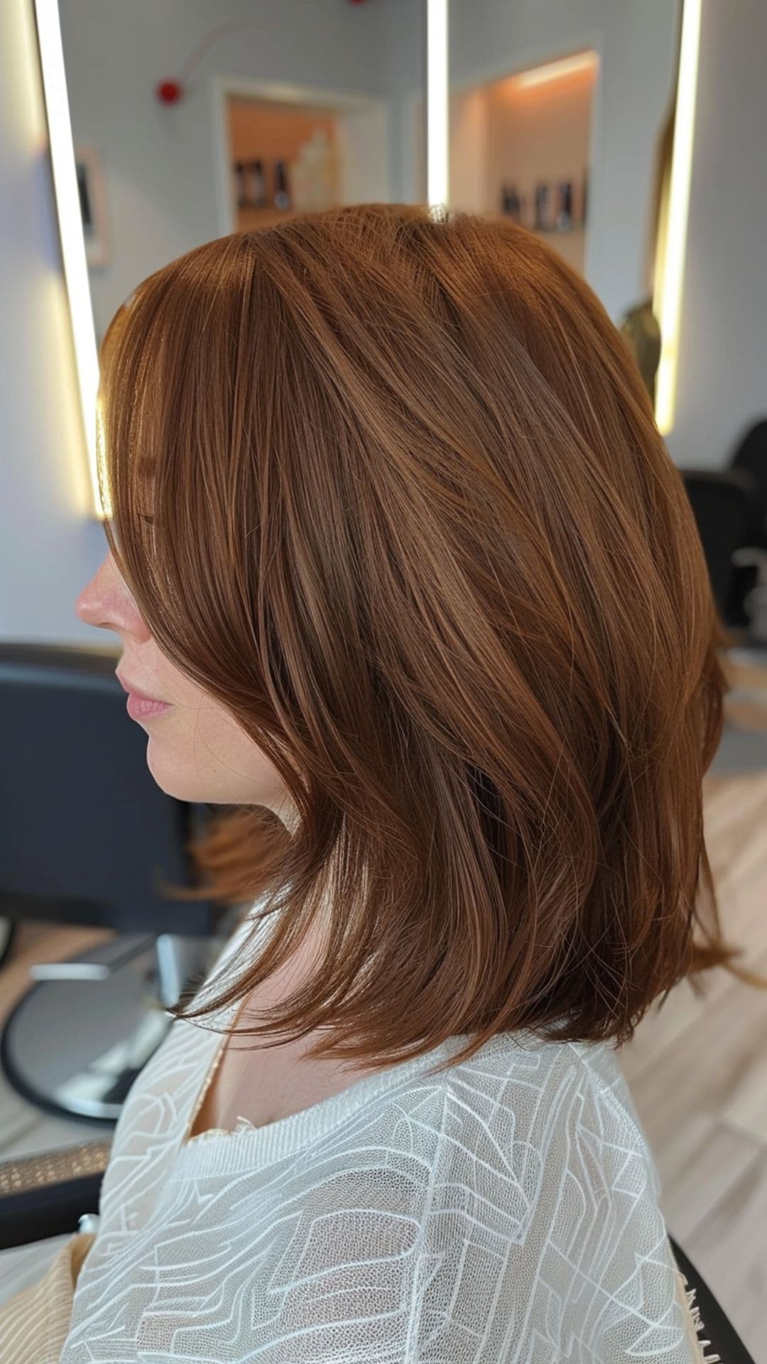 A woman modelling a deep auburn brown hair.