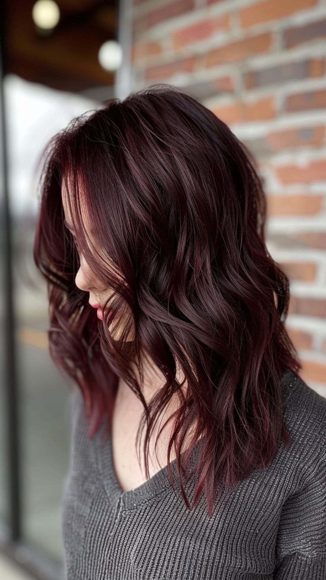 A woman modelling a deep burgundy hair.