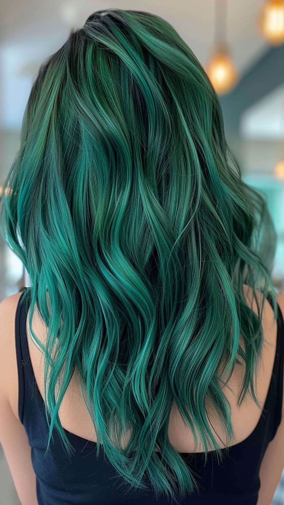 A woman modelling a deep green teal hair.