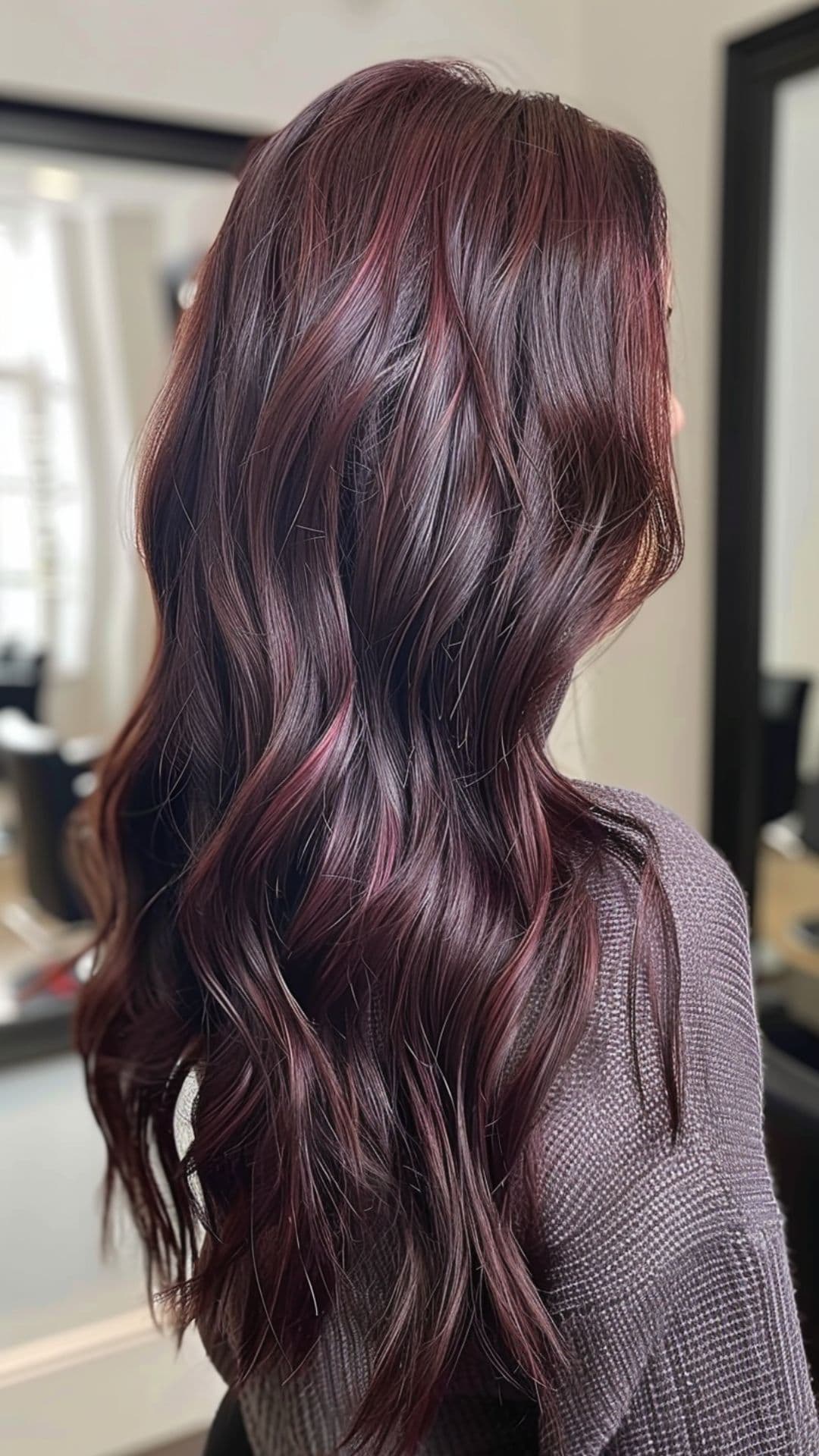 A woman modelling a deep plum hair.