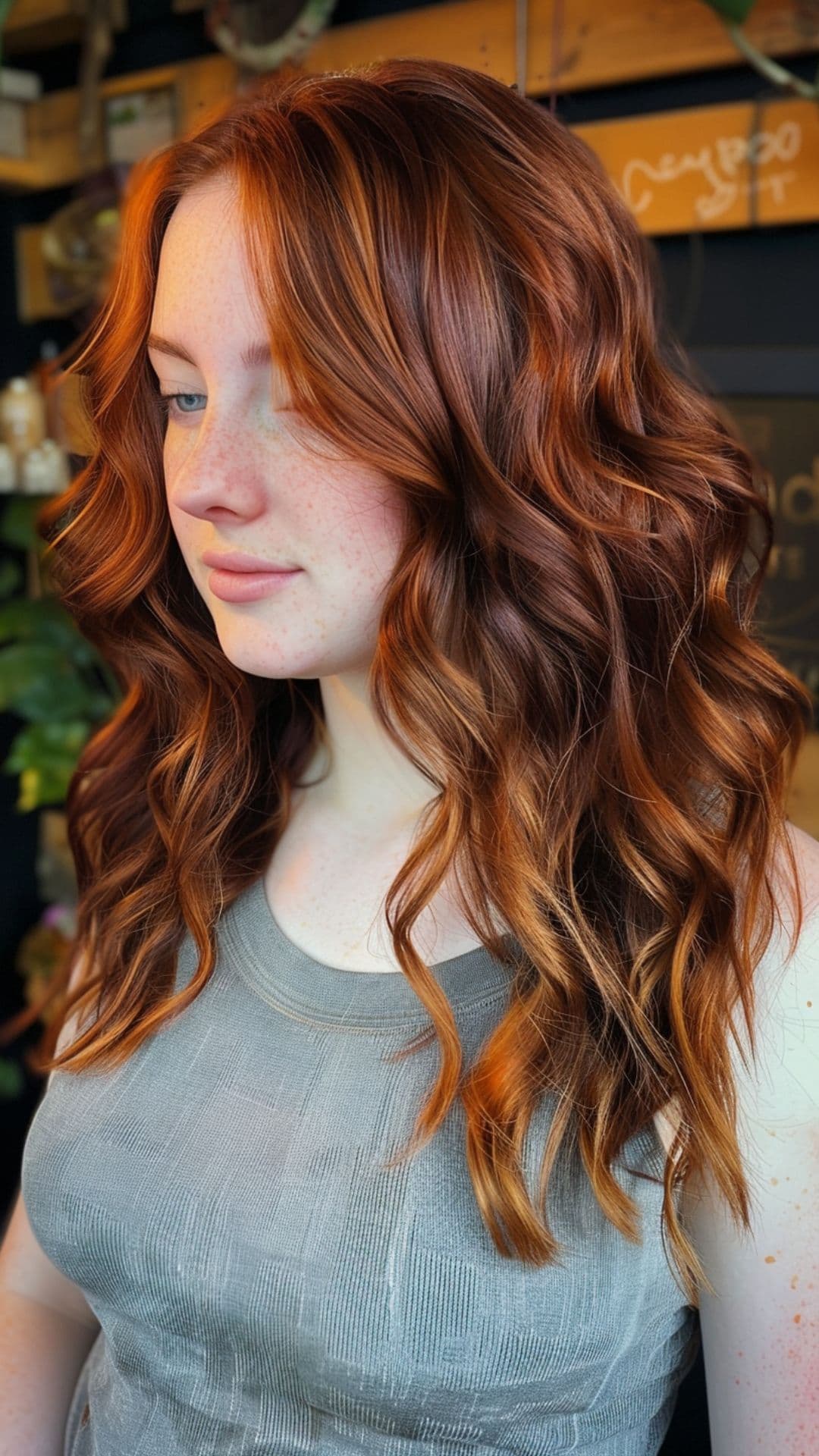 A woman modelling a deep rich mahogany auburn hair.