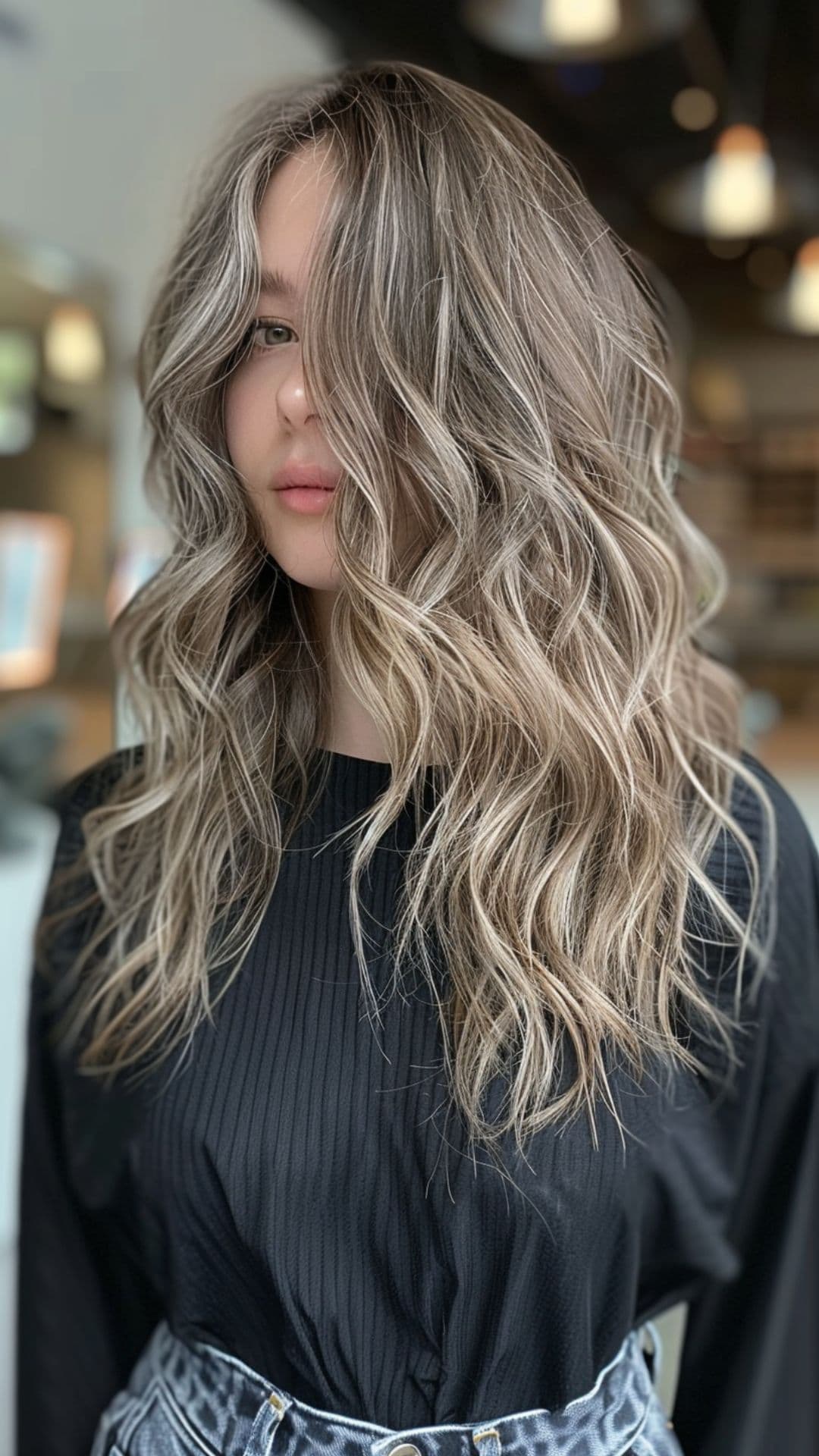 A woman modelling a dimensional ash blonde hair.