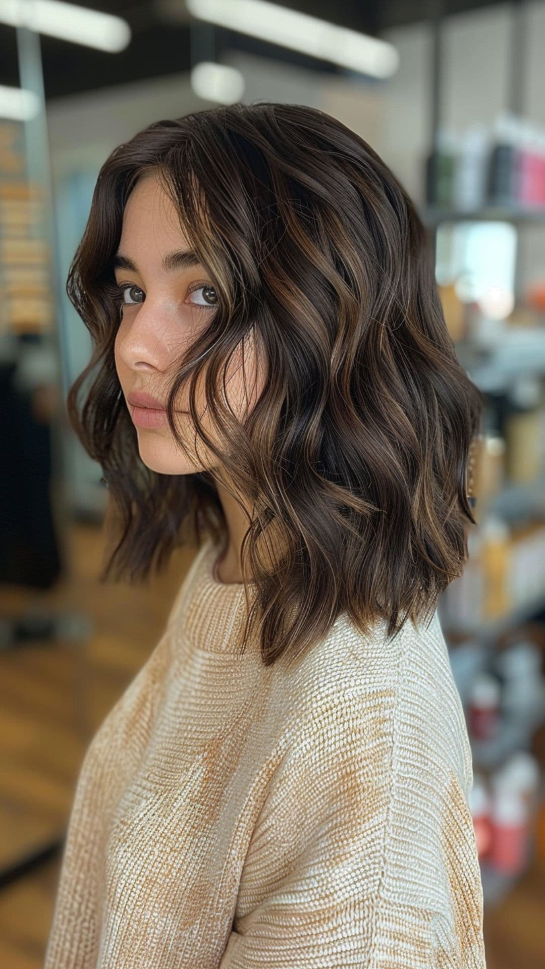 A woman modelling a dimensional brunette hair.