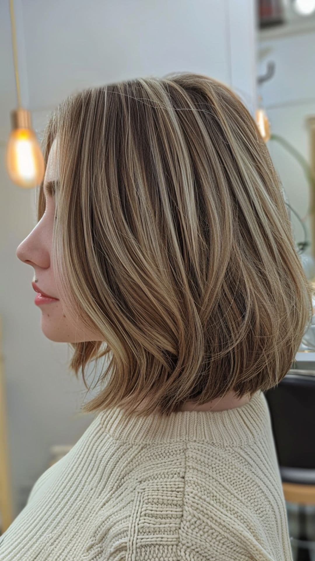 A woman modelling a dimensional chunky highlights hair.