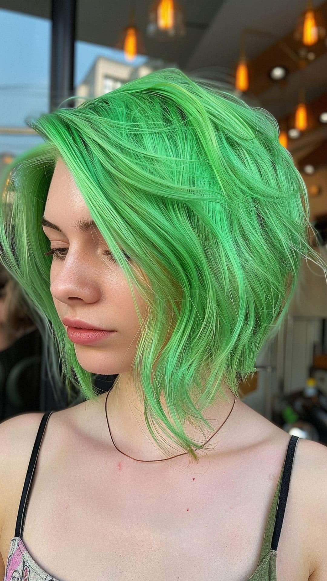 A woman modelling an electric green hair.