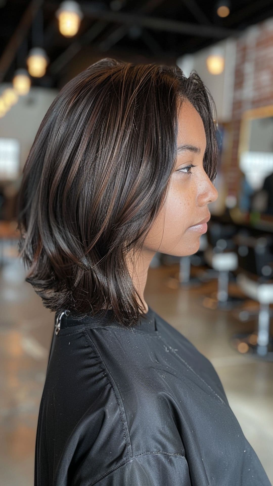 A woman modelling a black hair with subtle chocolate highlights.