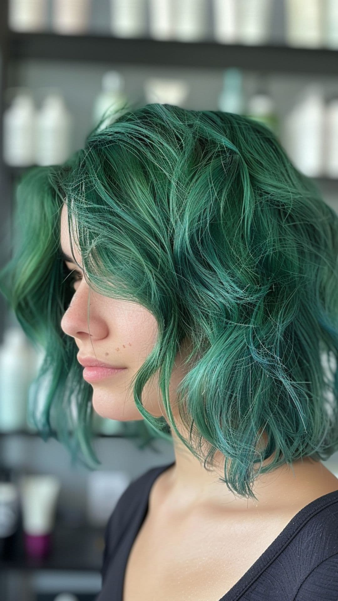 A woman modelling an emerald green hair.