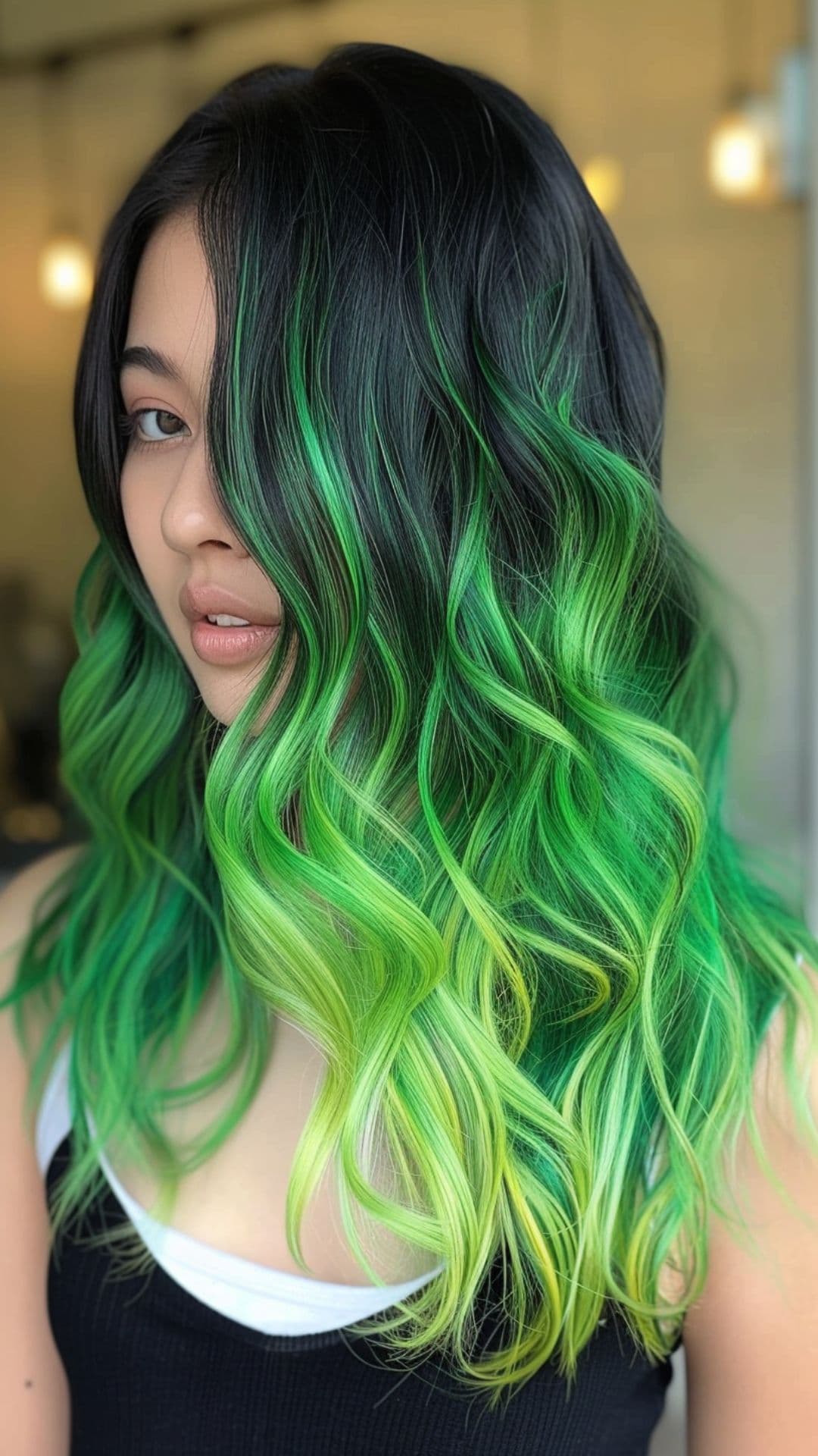 A woman modelling a black to emerald and neon green ombre hair.