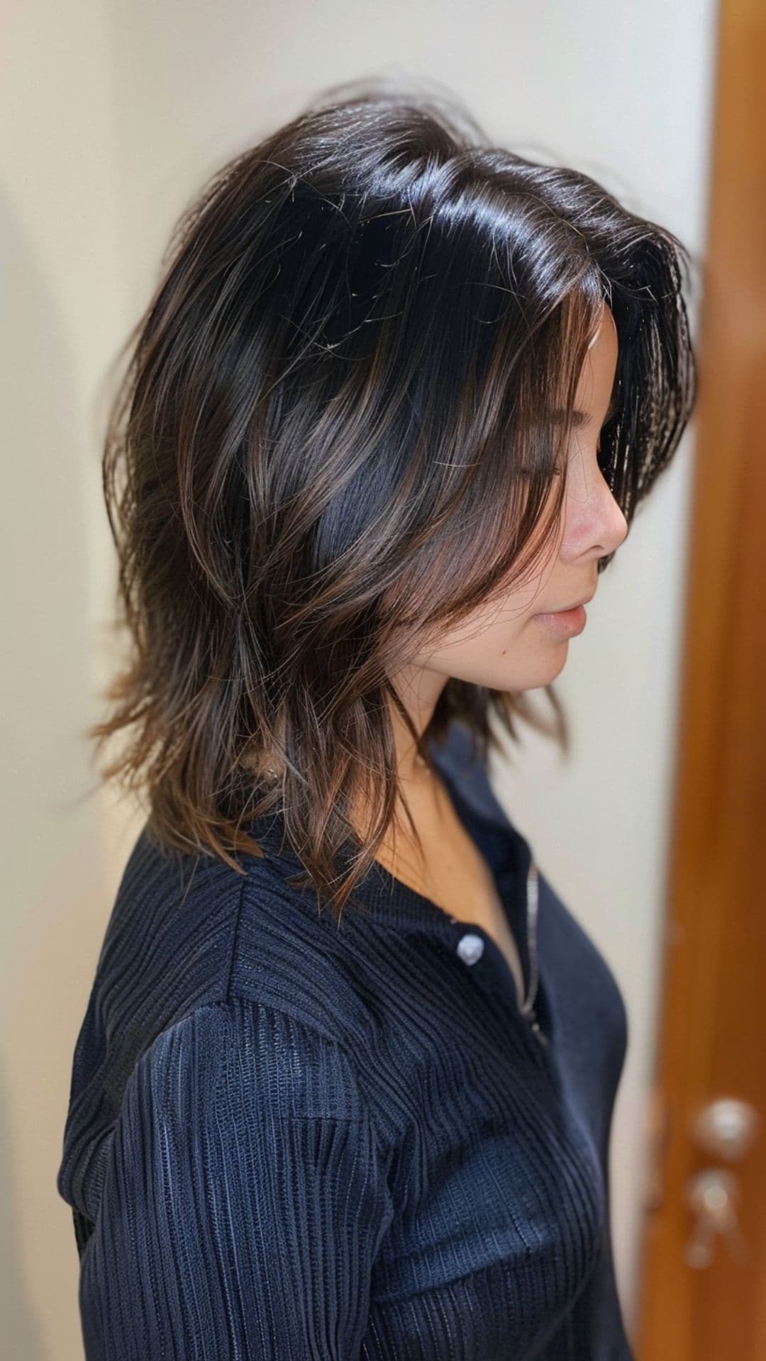 A woman modelling an espresso brown short hair.