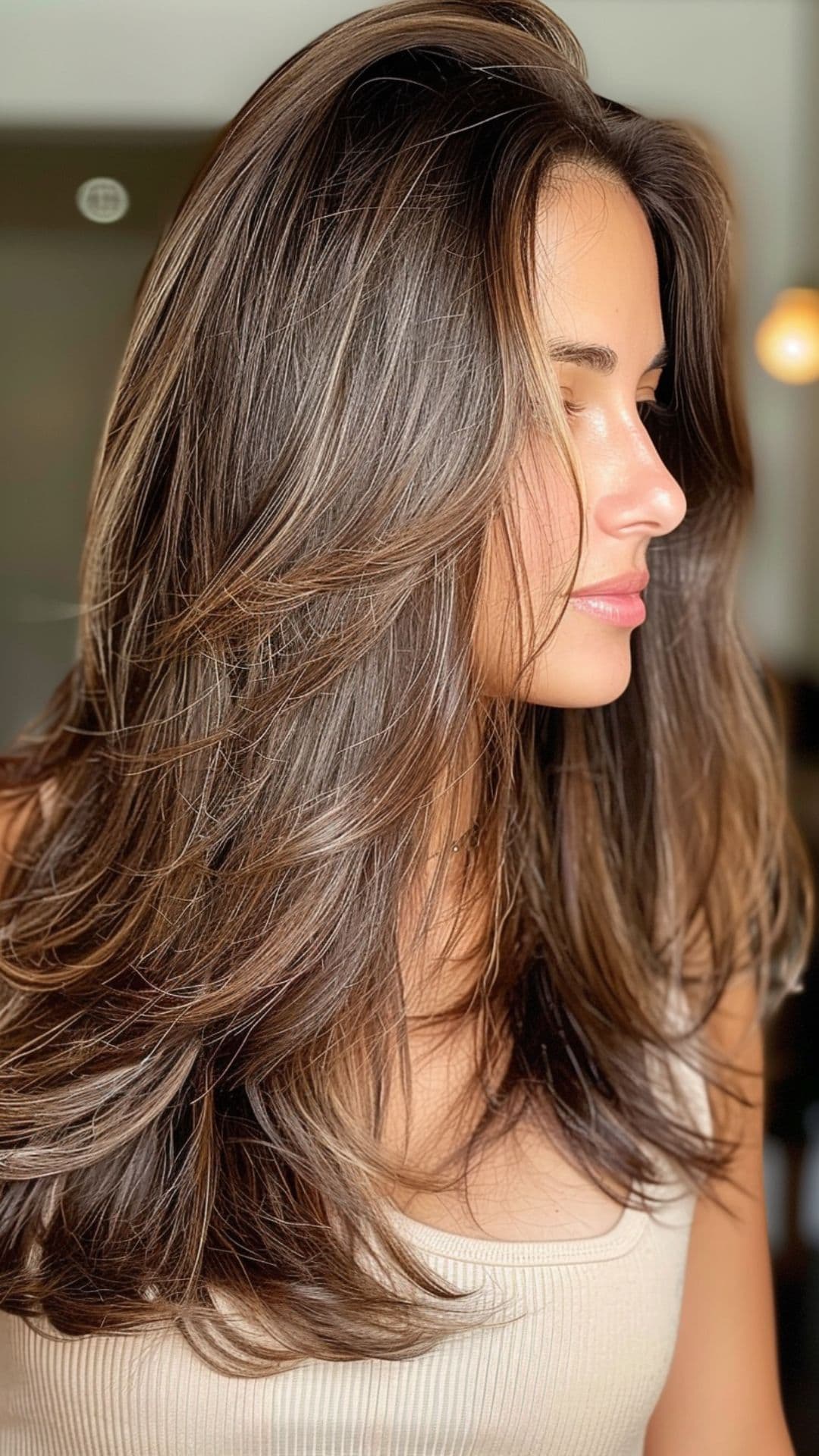 A woman modelling an espresso brown hair.