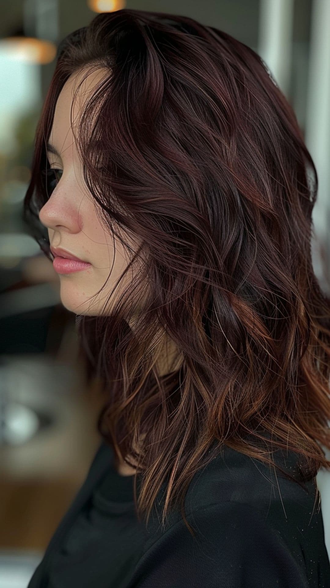 A woman modelling a an espresso and rich auburn hair.