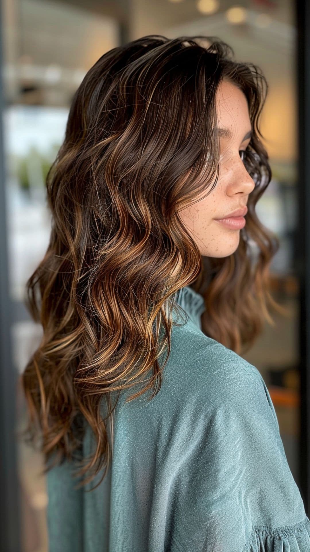 A woman modelling an espresso hair with caramel lowlights.