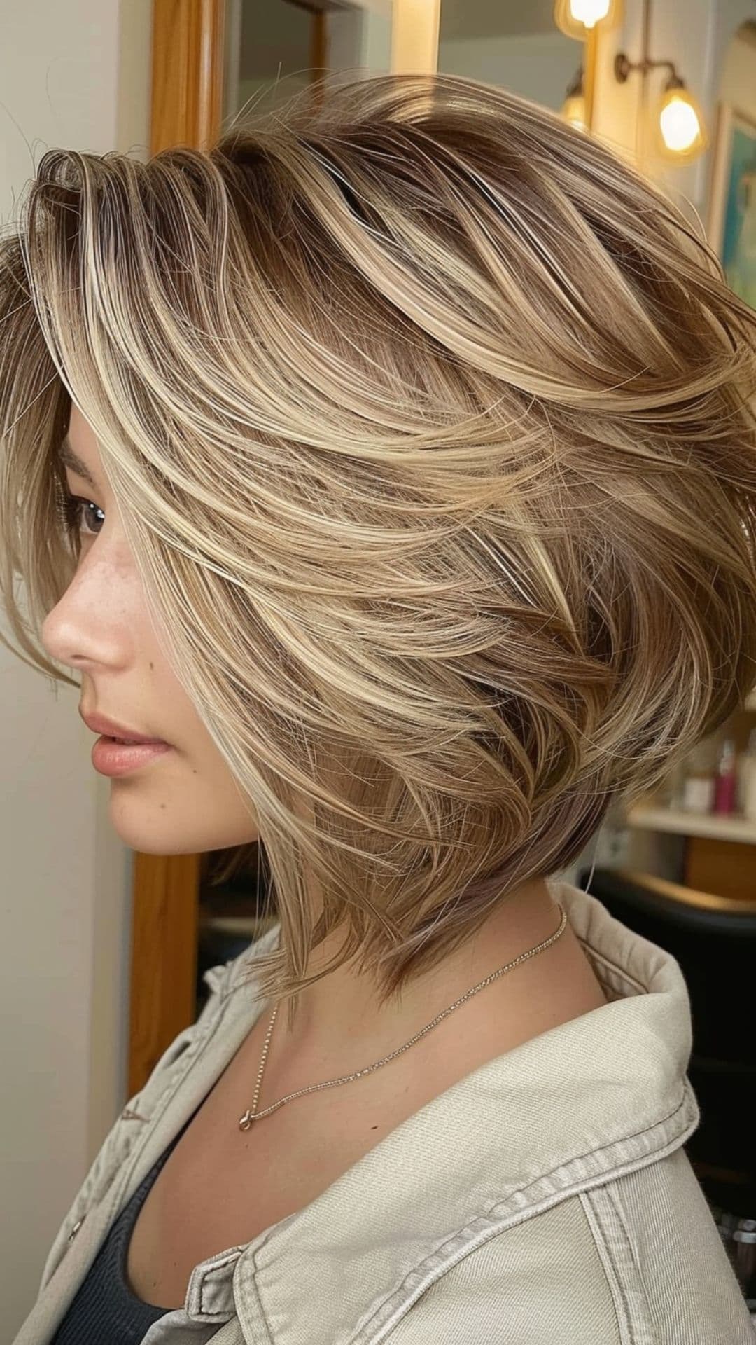 A woman modelling a feathered inverted bob.