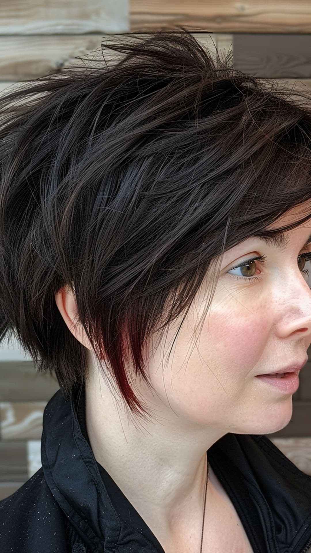 An old woman modelling a feathered pixie bob cut.