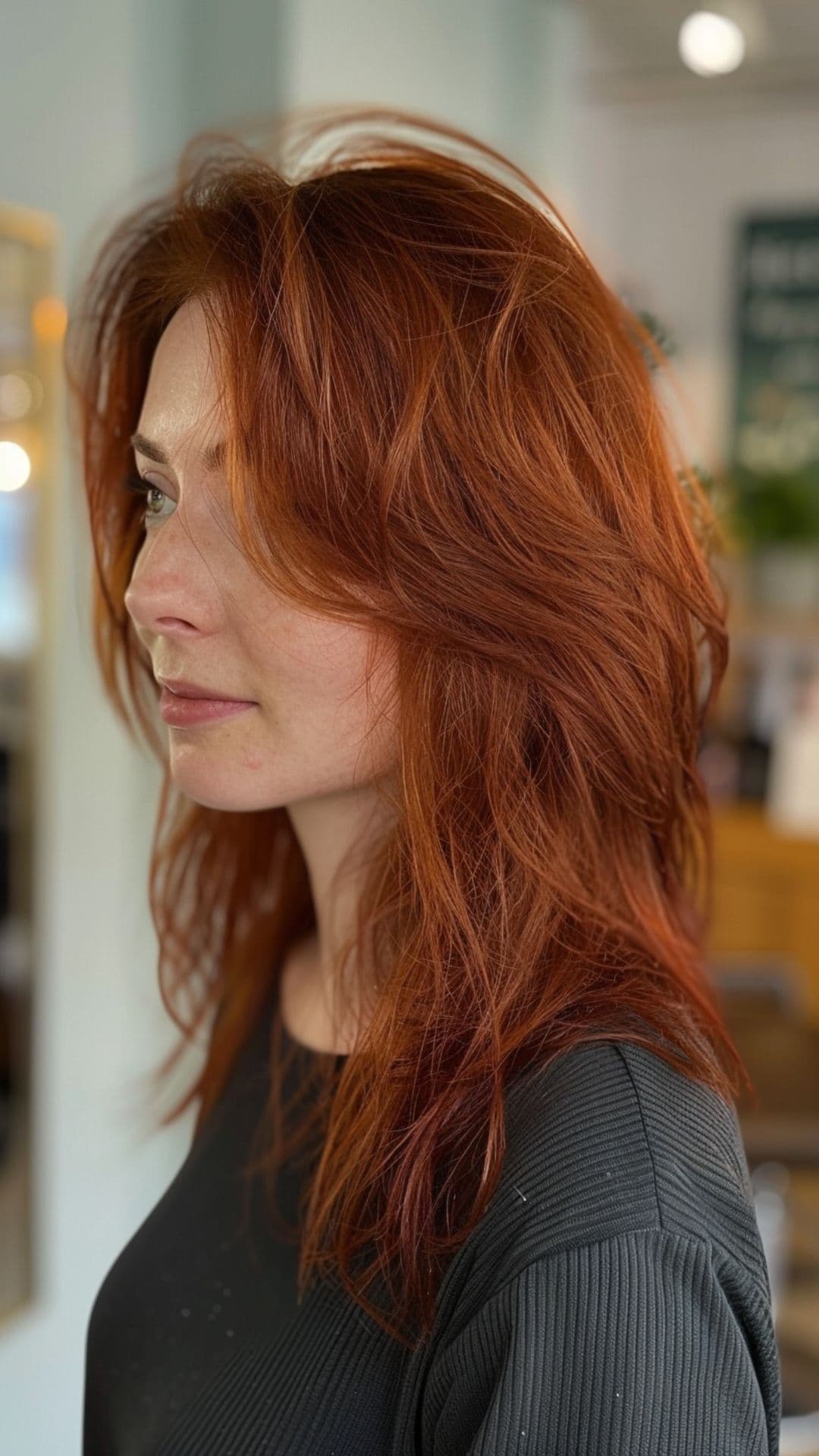 A woman modelling a fiery auburn red hair.