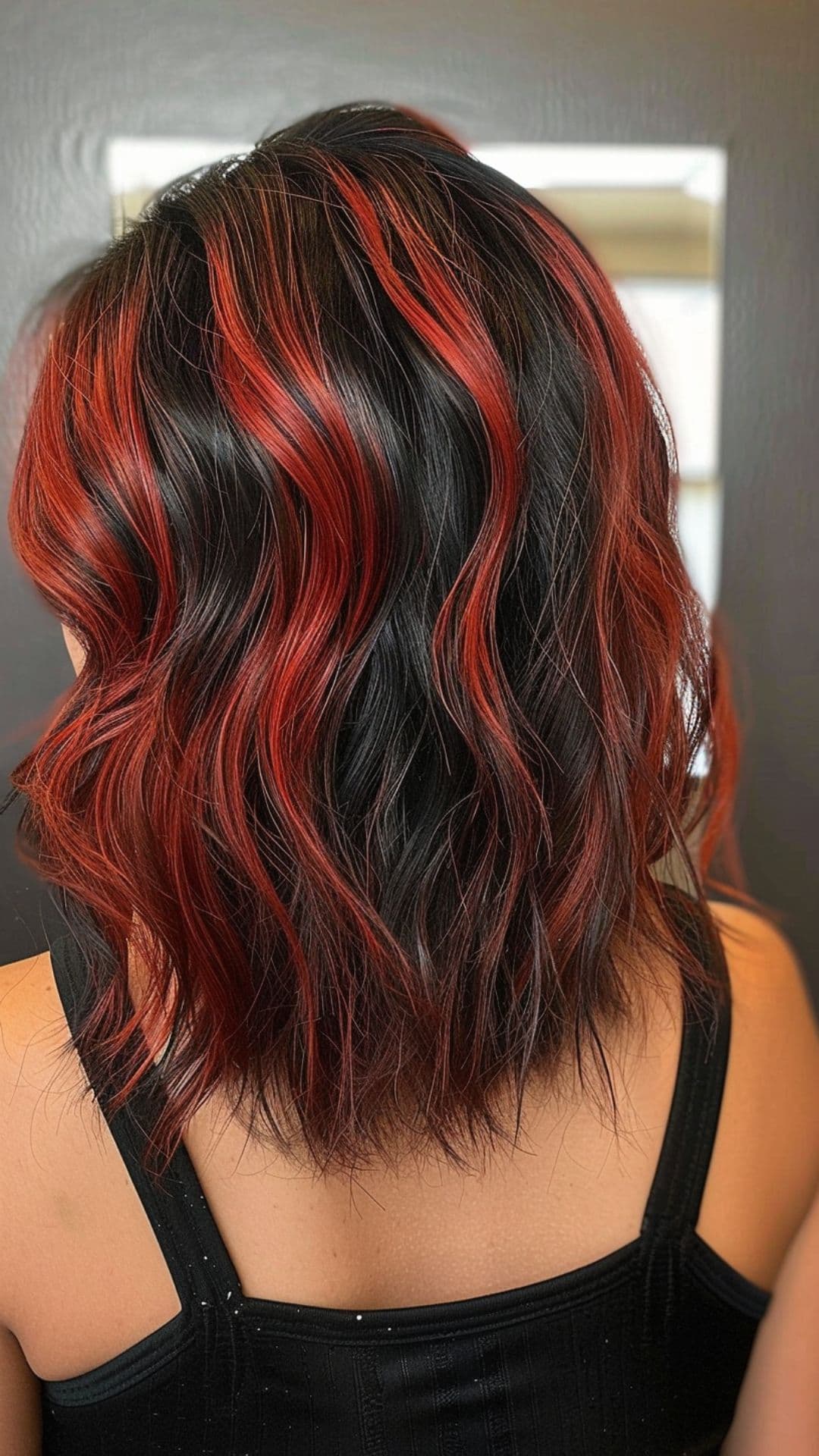 A woman modelling a black hair with red chunky highlights.