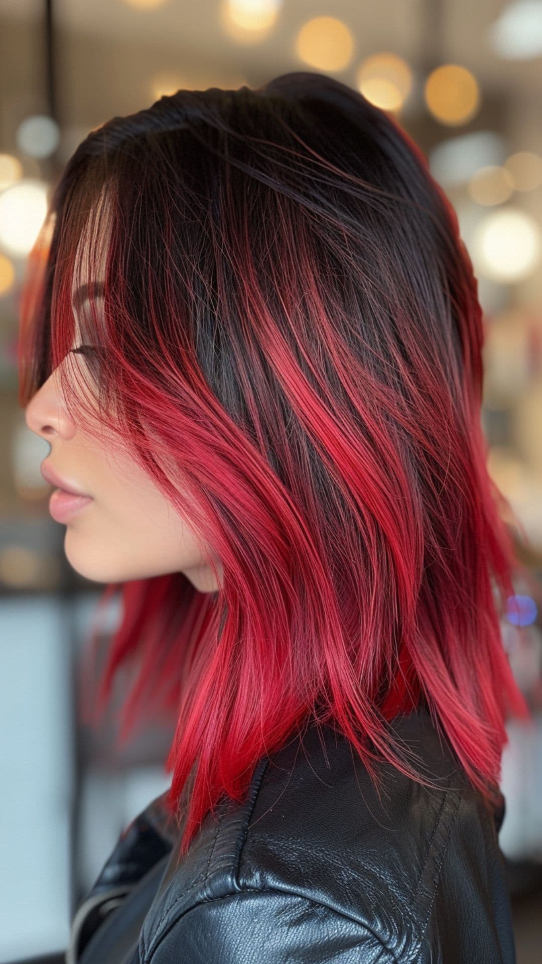 A woman modelling a black to fiery red ombre hair.