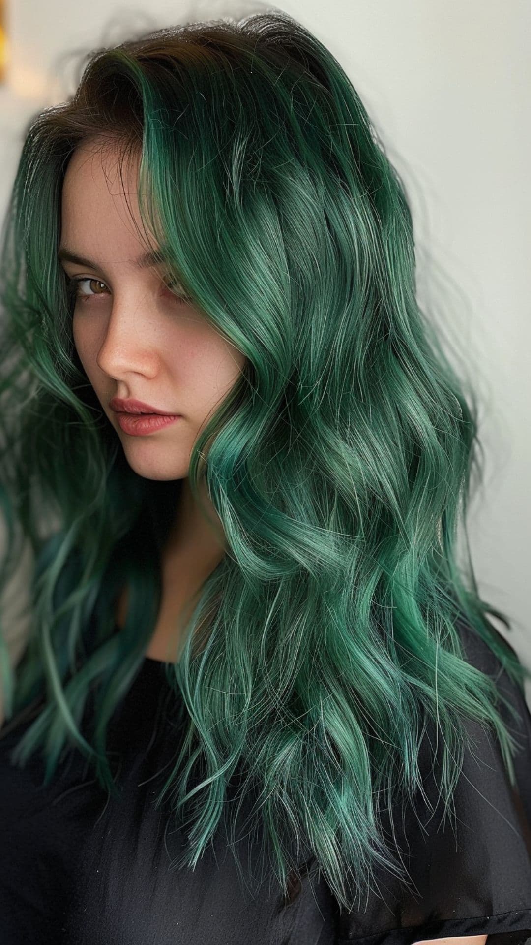 A woman modelling a forest green hair.