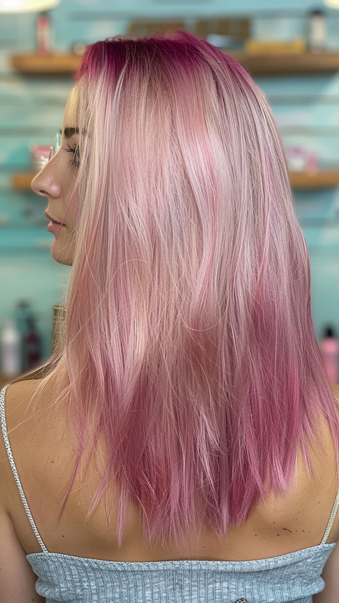 A woman modelling a frosted pink hair.