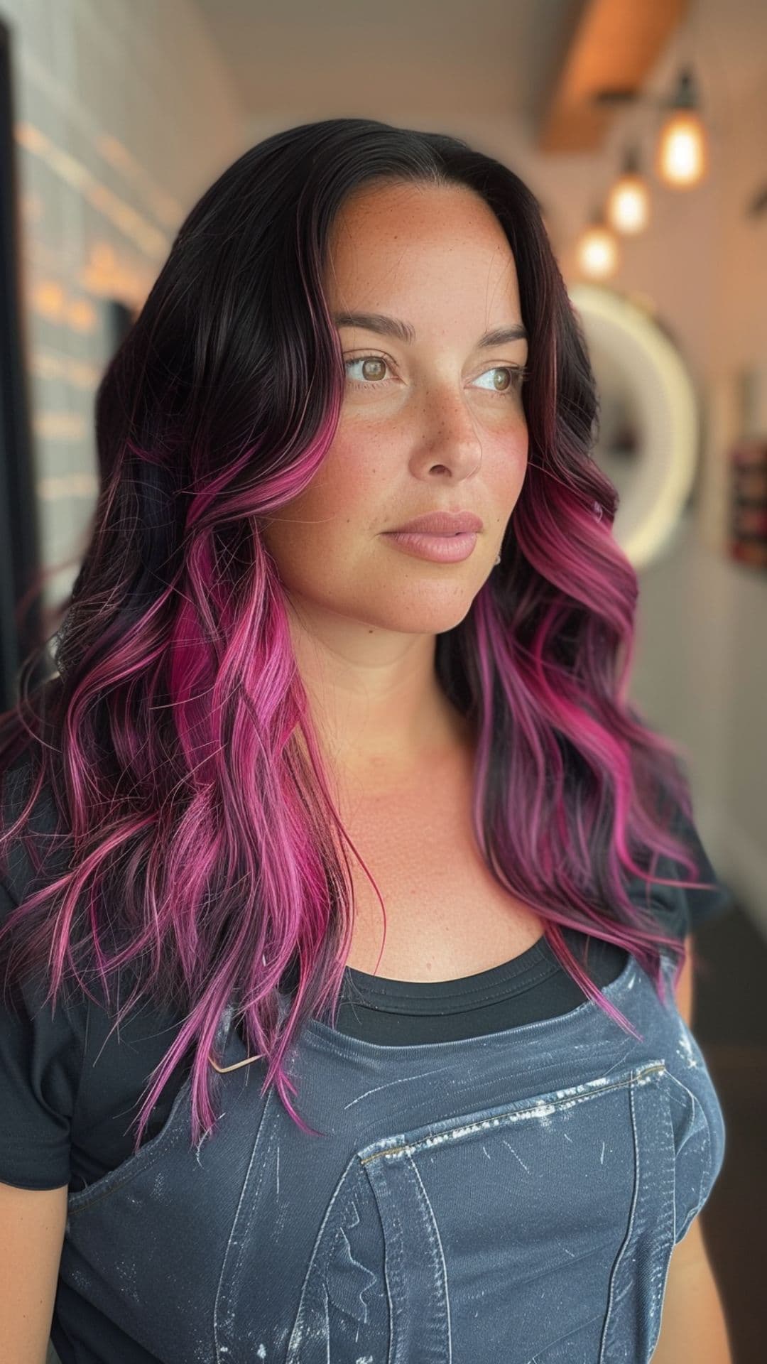 A woman modelling a black to fuchsia ombre hair.