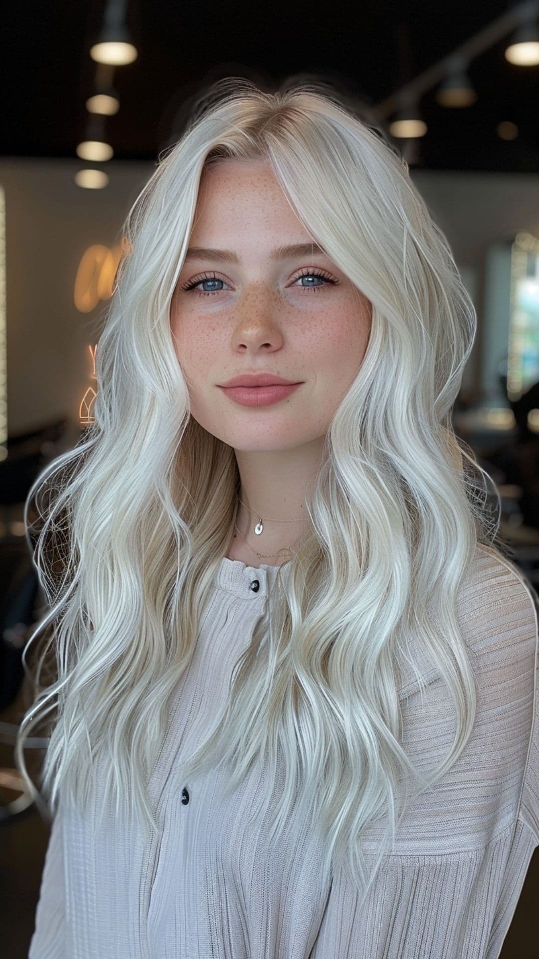 A woman modelling a glacial blonde hair.