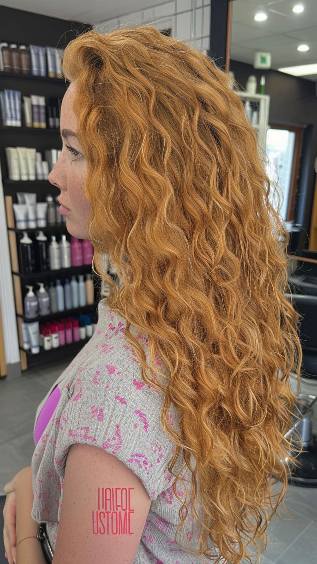 A woman modelling a golden auburn curly hair.