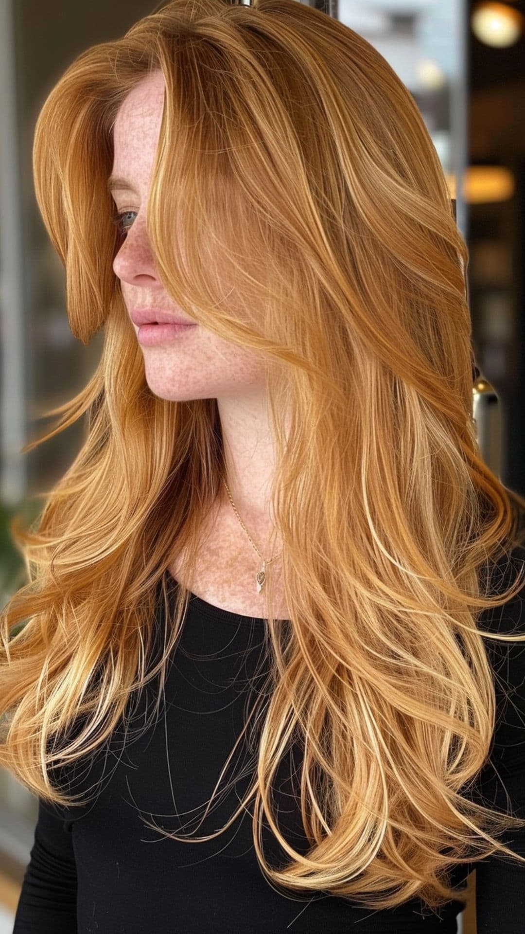 A woman modelling a golden blonde highlights on natural auburn hair.