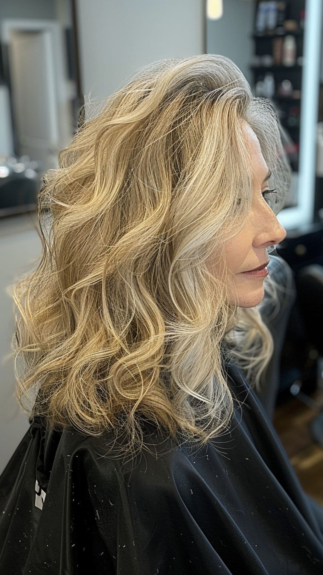 An old woman modelling a golden blonde layers hairstyle.