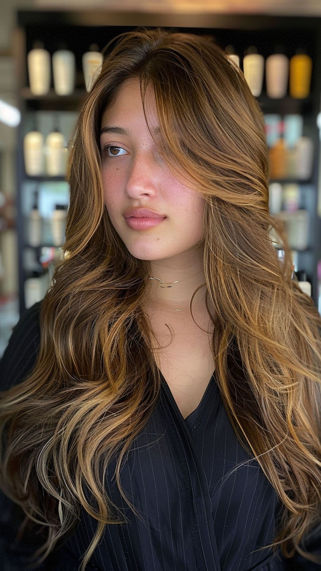 A woman modelling a golden brown hair.