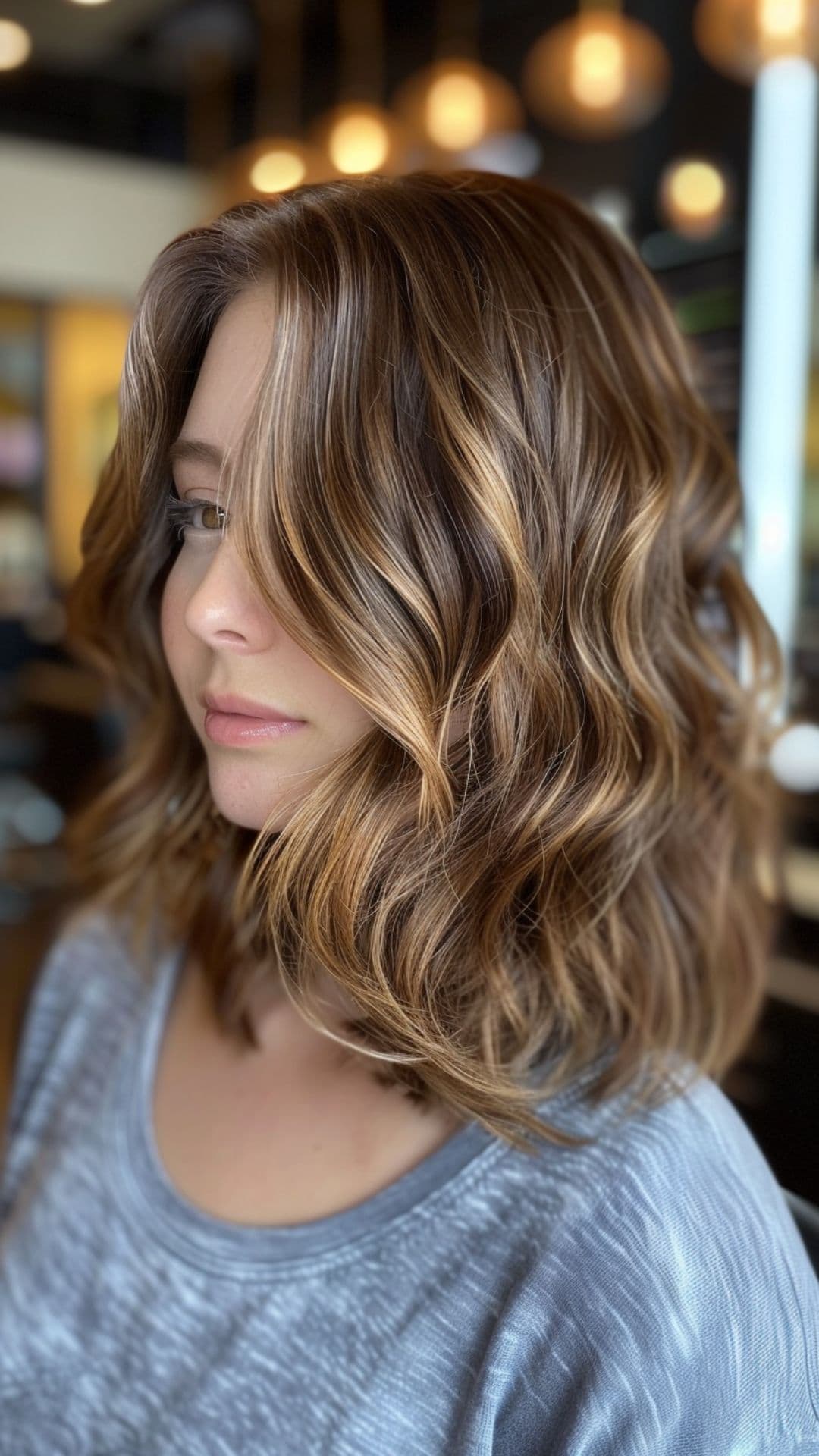 A woman modelling a golden brown balayage on short hair.