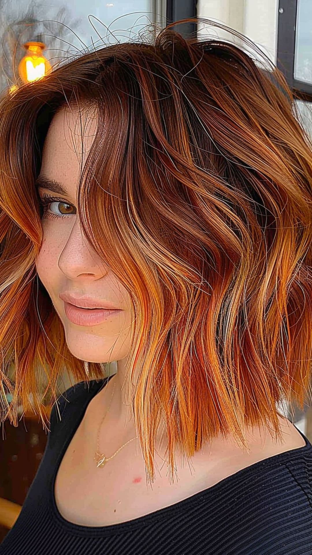 A woman modelling a godlen brown ombre hair.