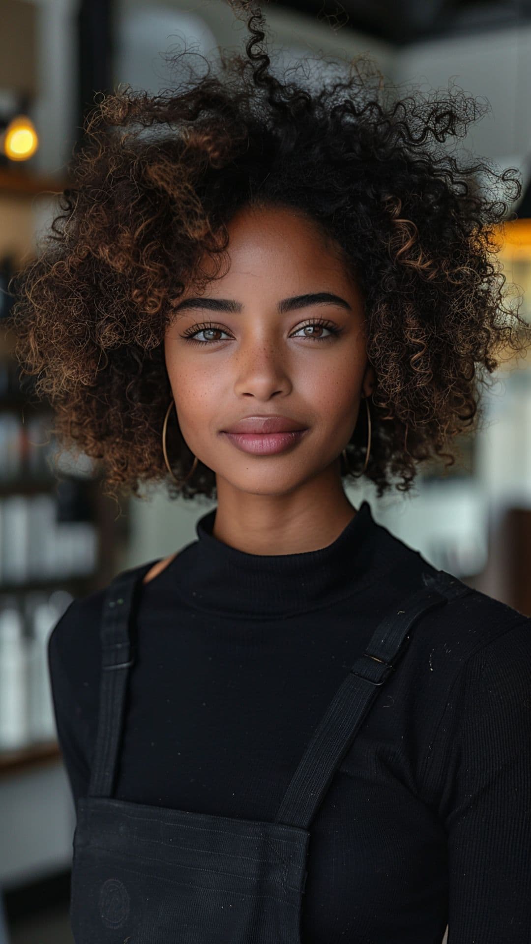 A black woman modelling a golden highlights on afro hair.