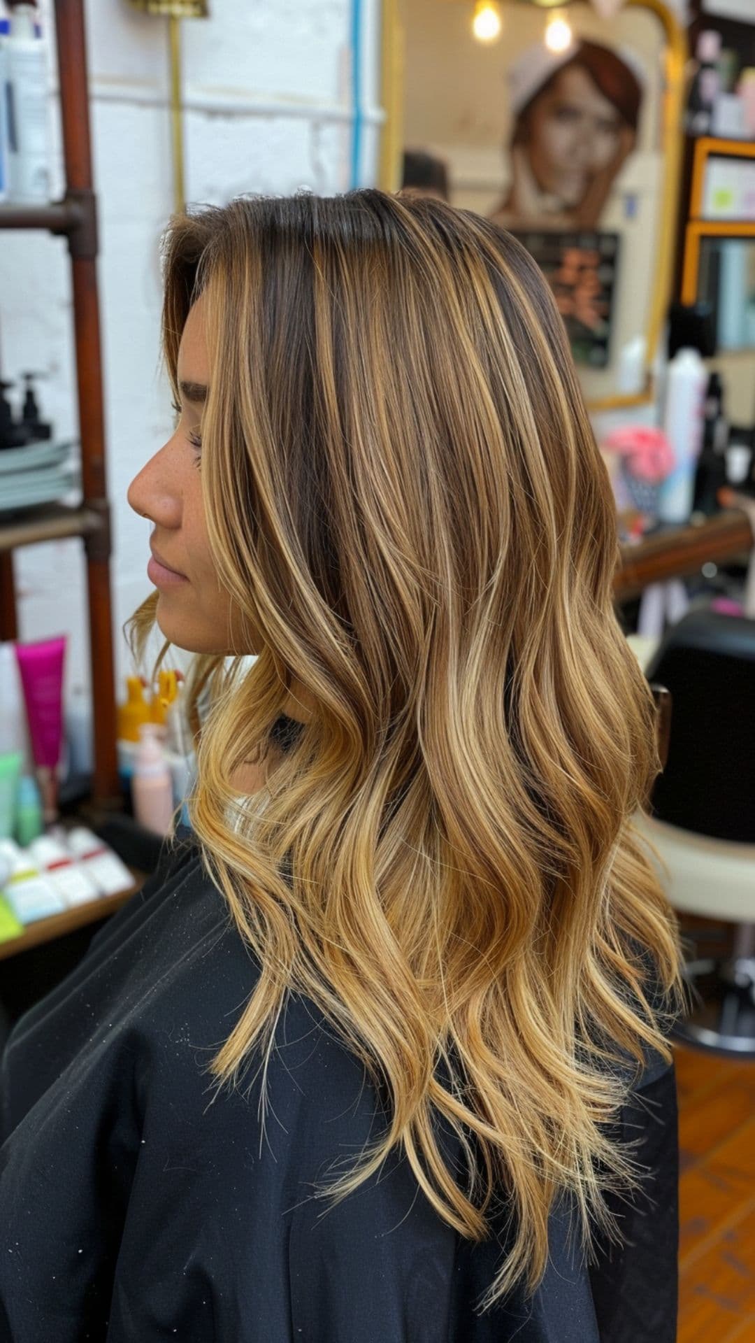 A woman modelling a golden hair highlights.