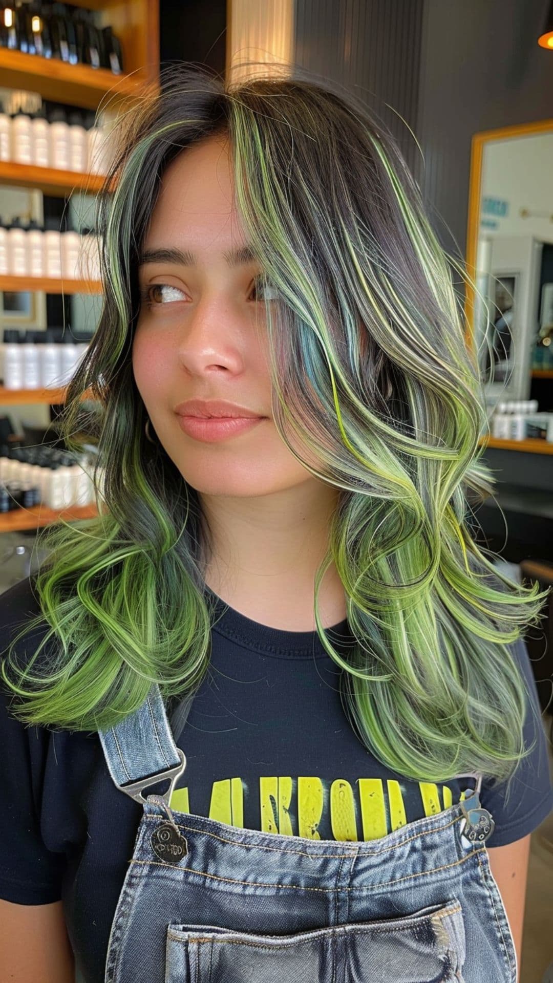 A woman modelling a green chunky highlights hair.