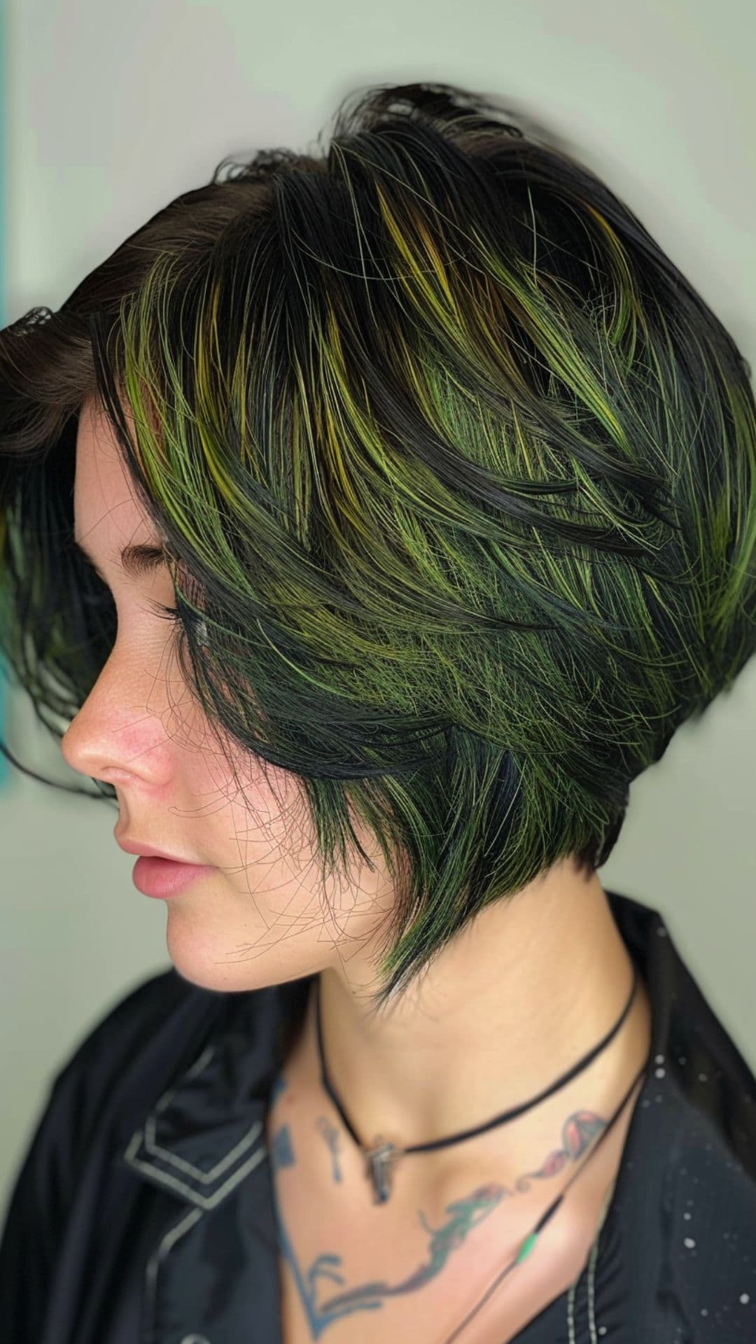 A woman modelling a green highlights..