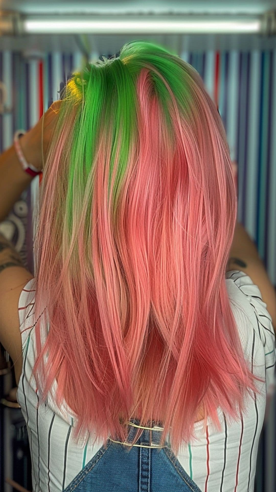 A woman modelling a green and pink hair.