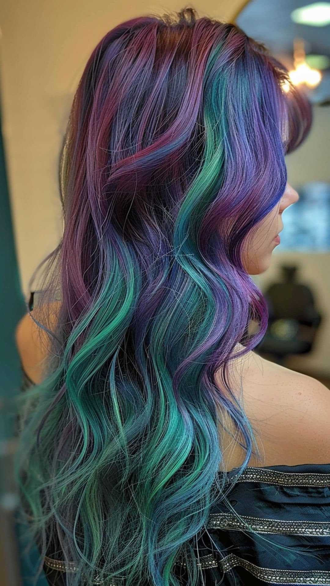 A woman modelling a green and purple hair.