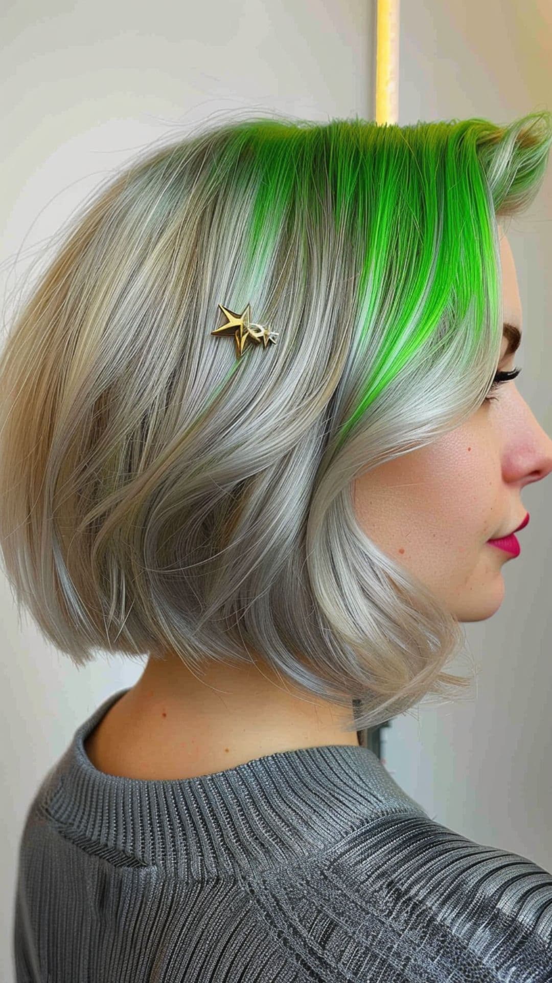 A woman modelling a green and silver hair.