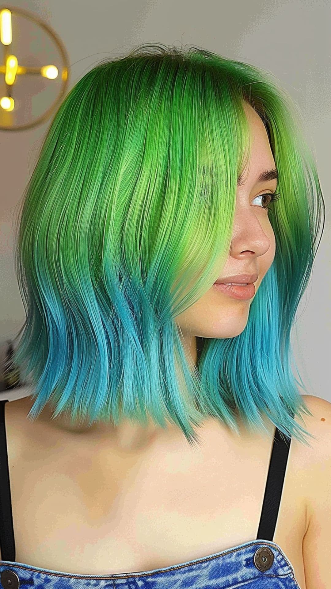 A woman modelling a green to pastel blue ombre hair.