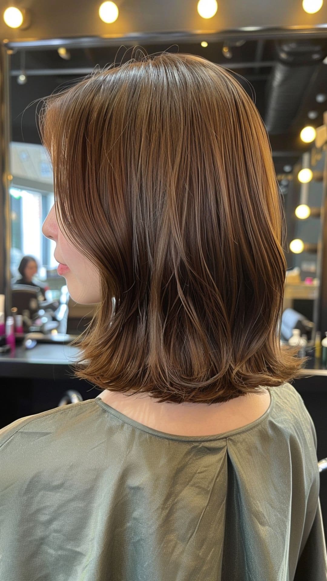 A woman modelling a hazelnut brown short hair.