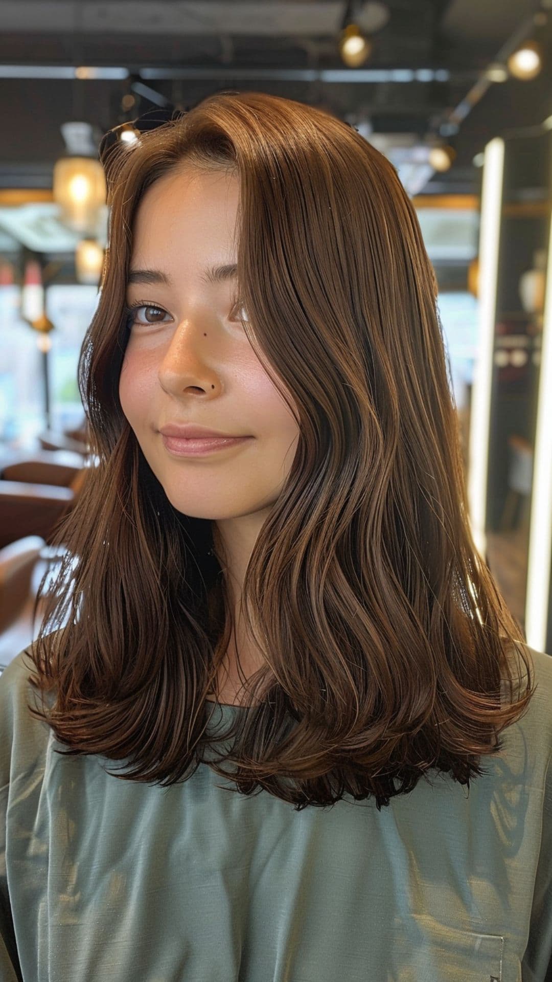 A woman modelling a hazelnut brown hair.