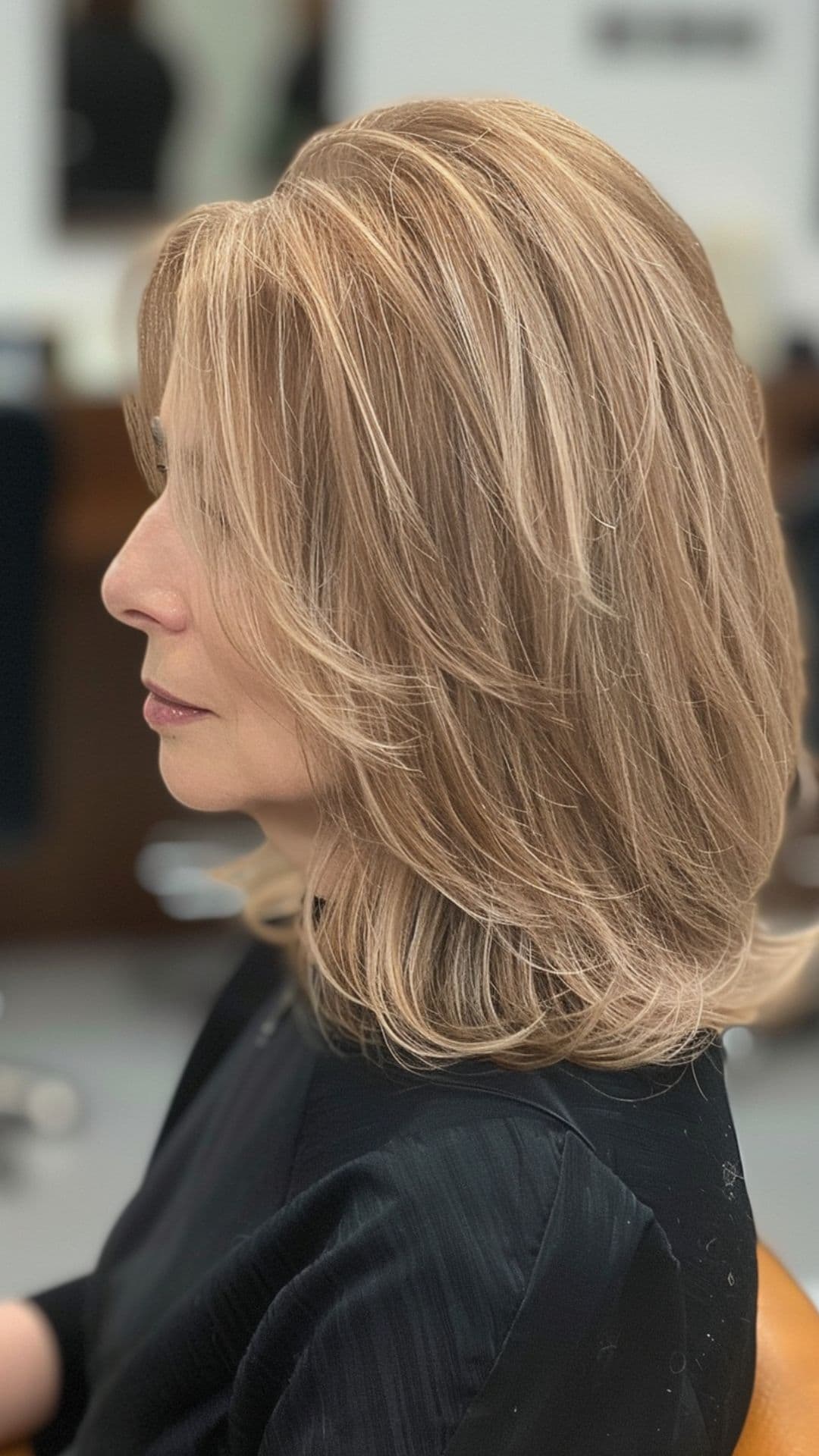 An old woman modelling a honey blonde hair highlights.