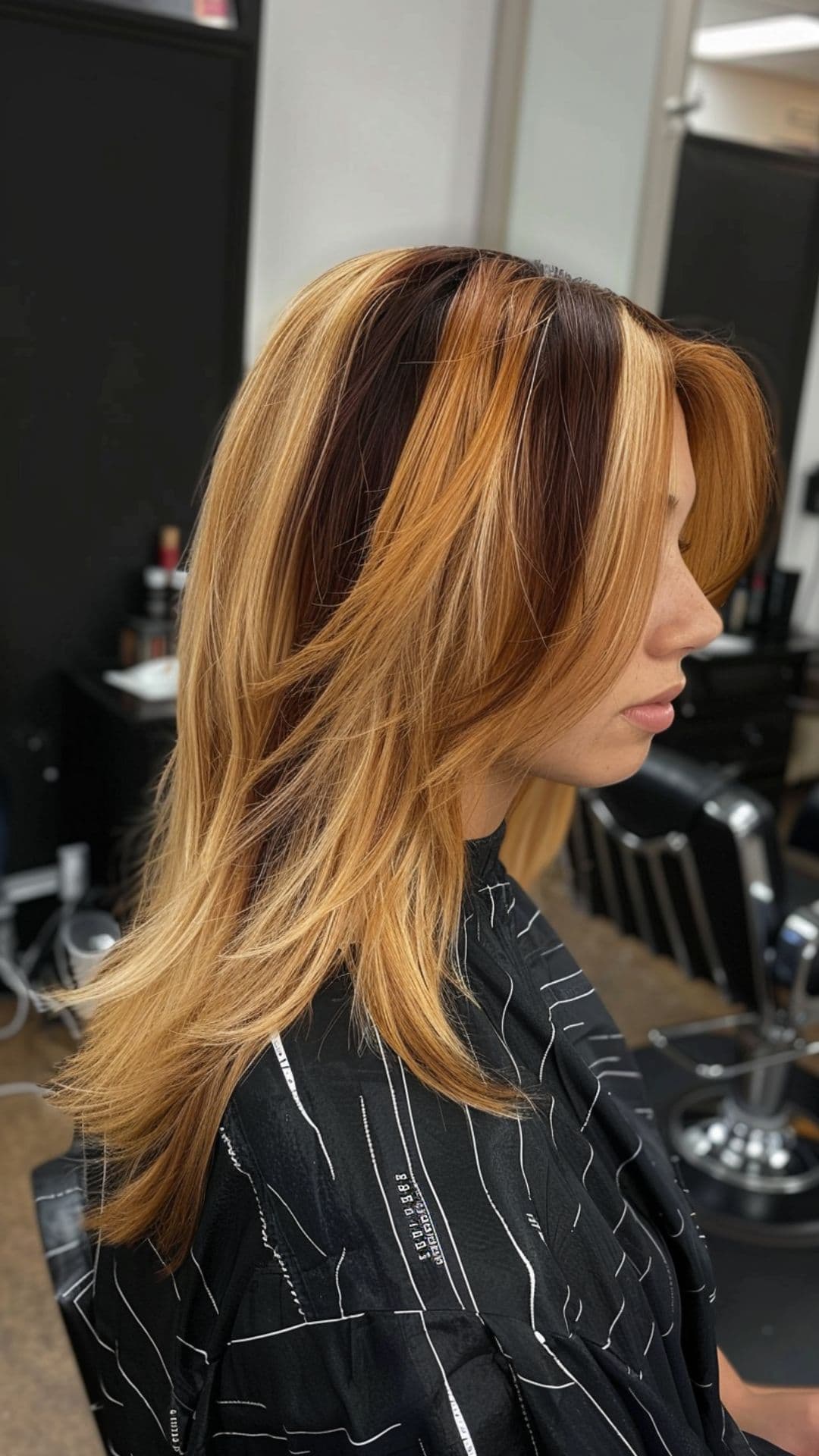 A woman modelling a honey blonde and deep red chunky highlights hair.