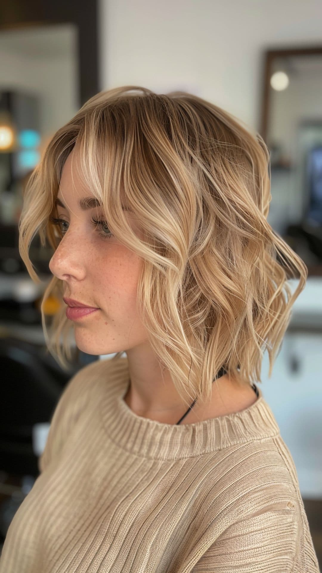 A round-faced woman modelling a honey blonde on soft layered hair.