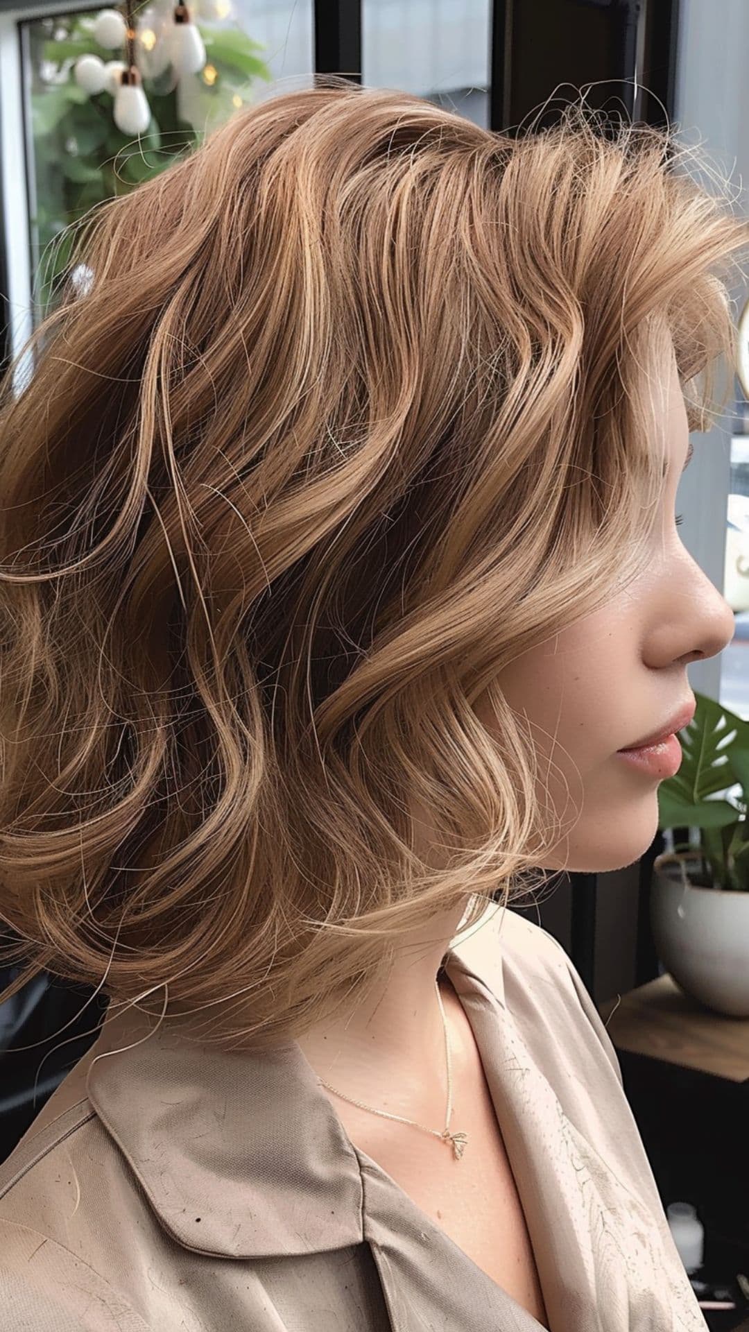 A woman modelling a honey brown short hair.