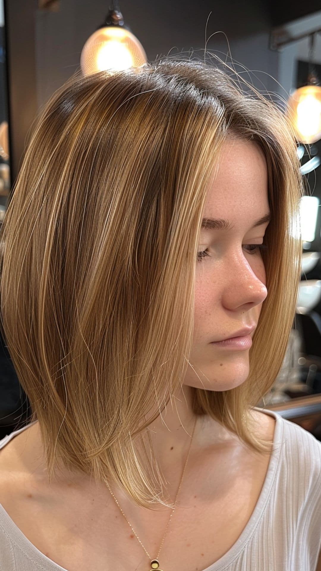 A woman modelling a honey glaze brown short hair.