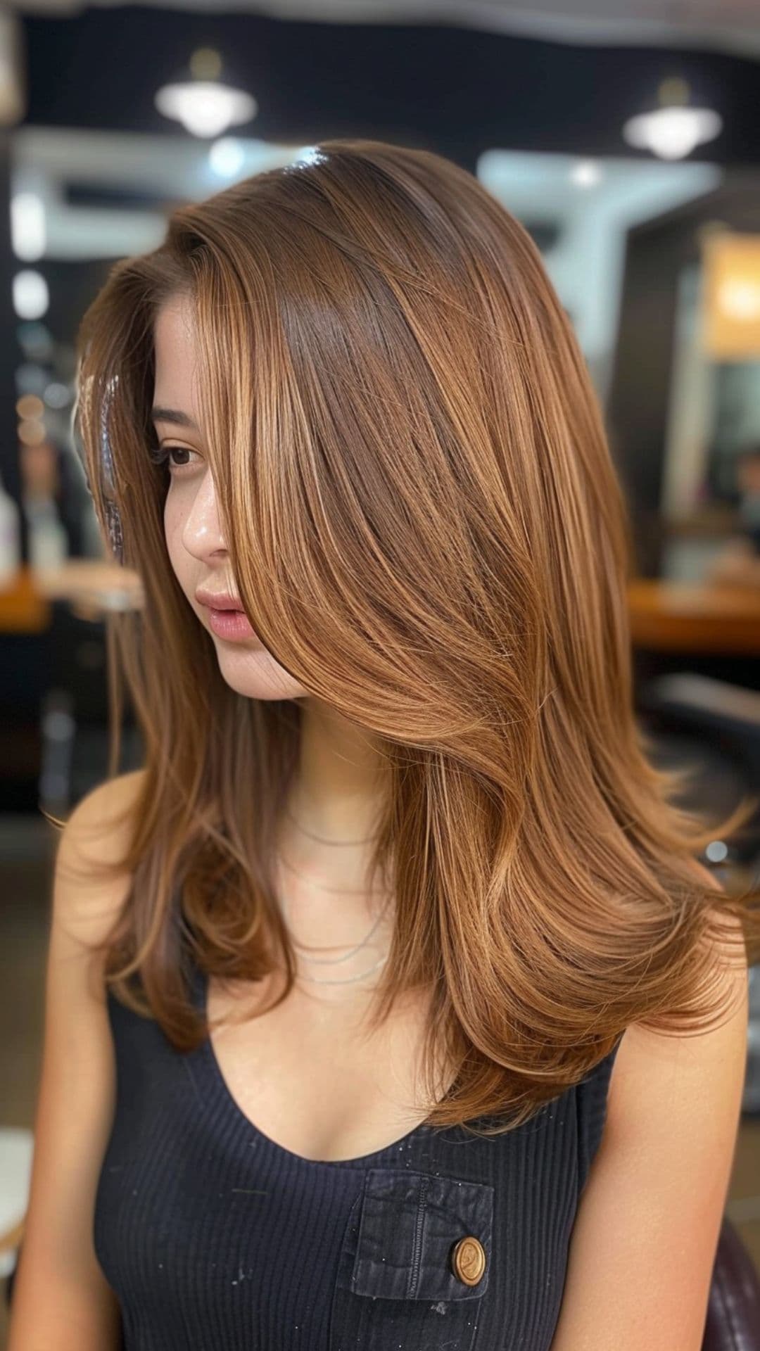 A woman modelling a honey tea brown hair.