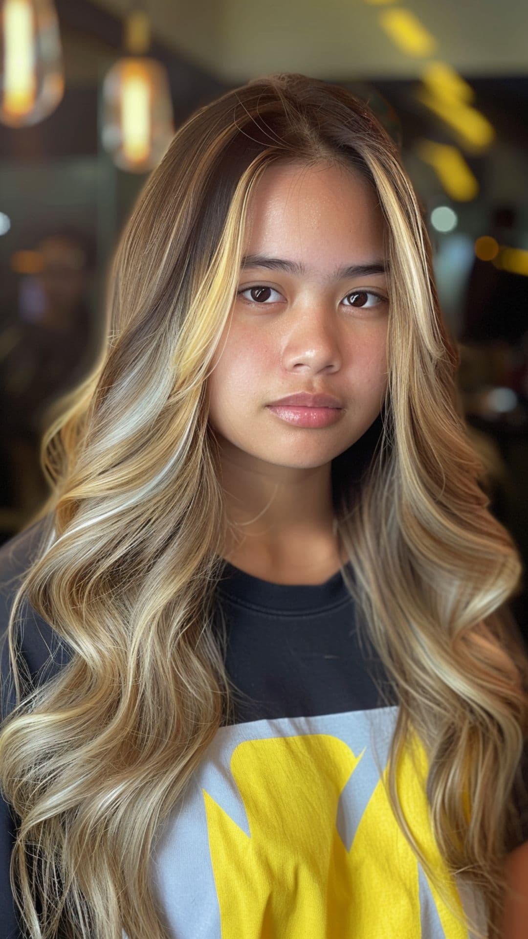 A round-faced woman modelling a honey and caramel highlights on a long wavy hair.