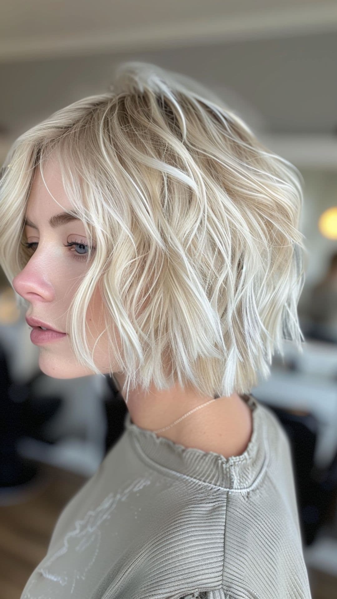 A woman modelling an icy blonde balayage chin-length bob.