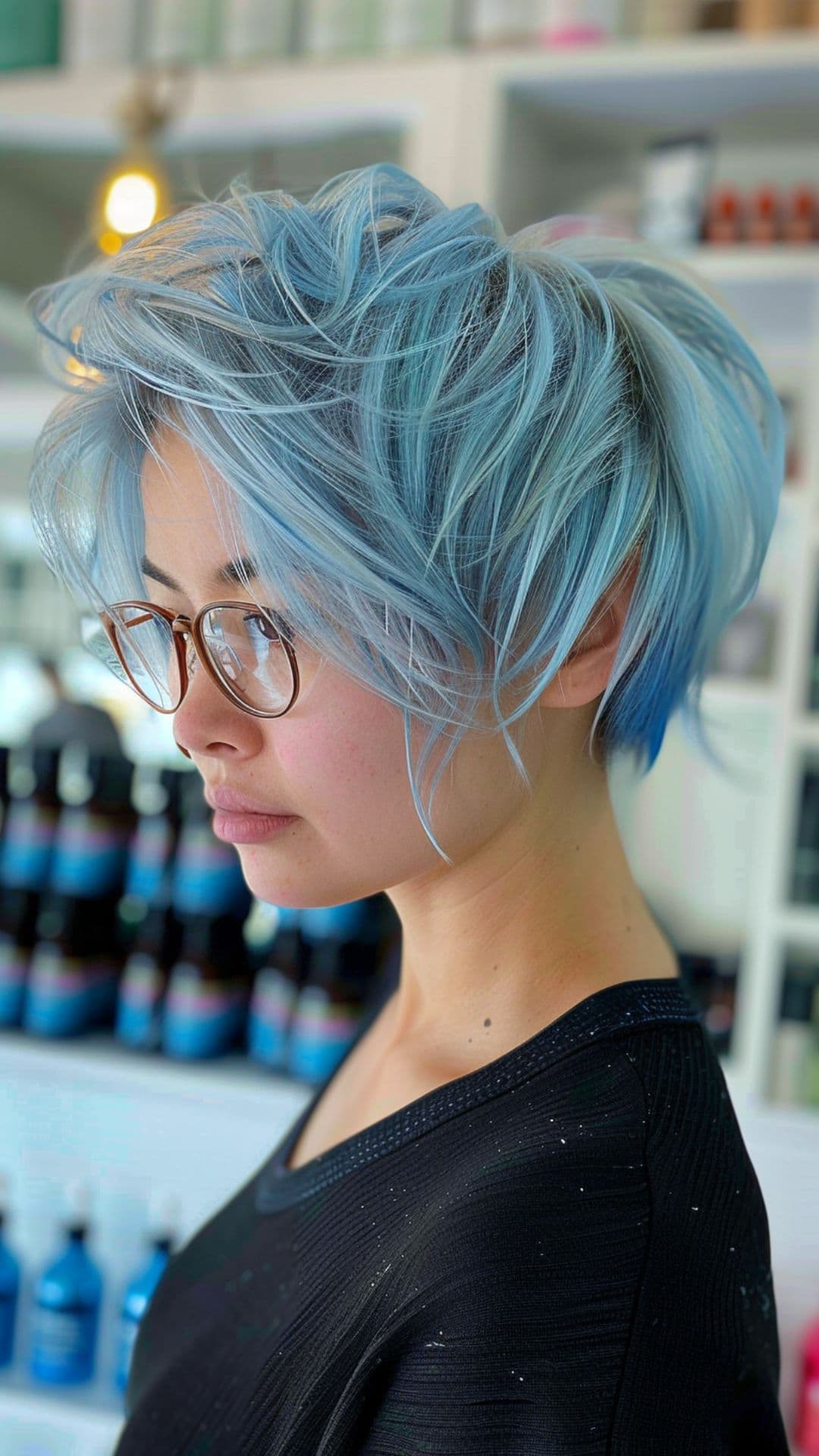 A round-faced woman modelling an icy blue hair on pixie bob.